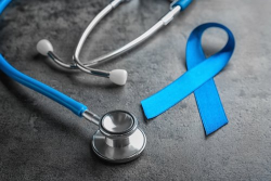 blue cancer ribbon with stethoscope 
