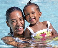 Mother and daughter laughing in pool