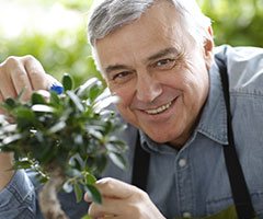 Man smiling holding plant