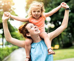 Mother with daughter on shoulders